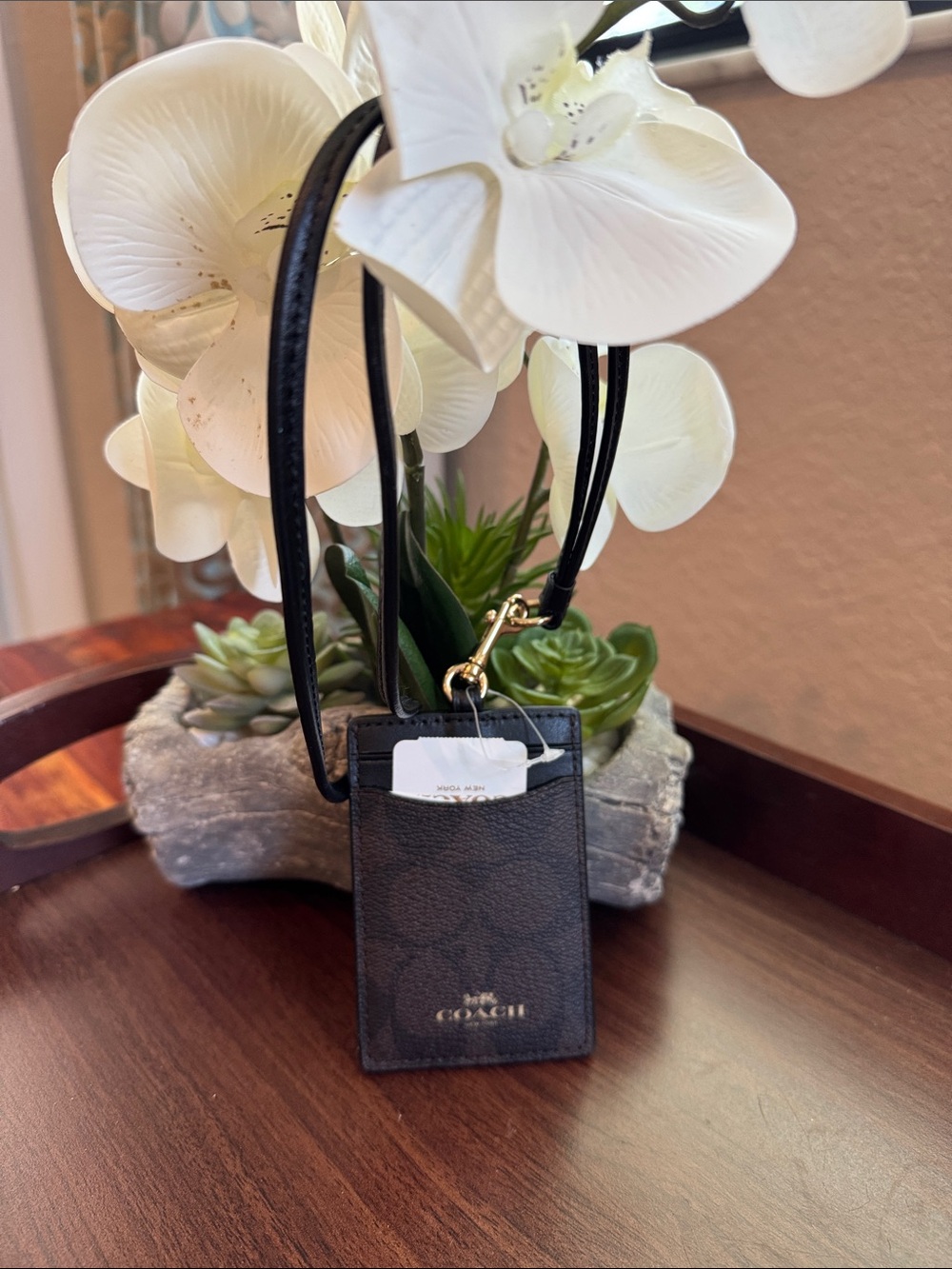 Coach Black/Brown Signature Cardholder Lanyard with Gold Hardware